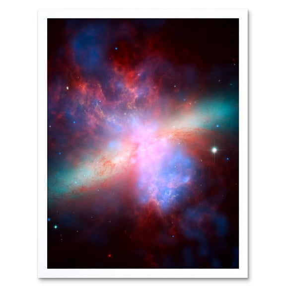 Hubble Space Telescope Image M82 Galaxy Collaboration Chandra And Spitzer X-Ray Observatory Blue Red Orange Green Starburst Dust Clouds Art Print Framed Poster Wall Decor 12x16 inch