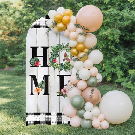 Summer HOME Arch Backdrop Cover 5 FT Tropical Palm Leaf Flowers Black Plaid White Wood Wedding Arch Cover Stretchy Backdrop Stands Covers for Birthday Party Ceremony Banquet Decor