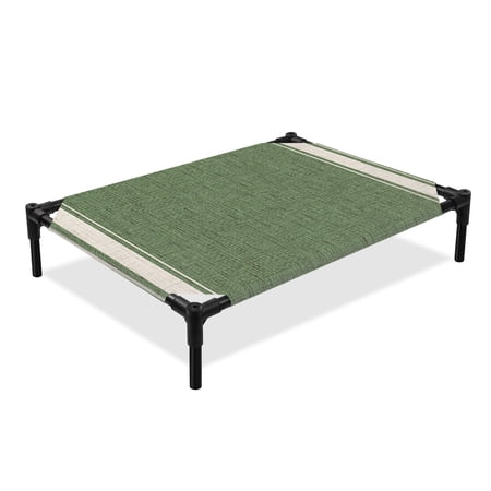 Minimalist Green Beige Elevated Dog Bed Rustic Traditional Vertical Stripes Pattern Cooling Breathable Outdoor Raised Dog Cot Bed with Metal Frame Non-Slip Feet for Medium Dog 24x20in
