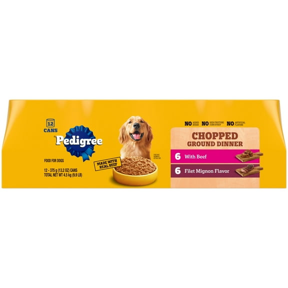 Pedigree Chopped Ground Dinner Filet Mignon & Beef Variety Pack Wet Dog Food, 13.2 Oz. Cans 12 Pack