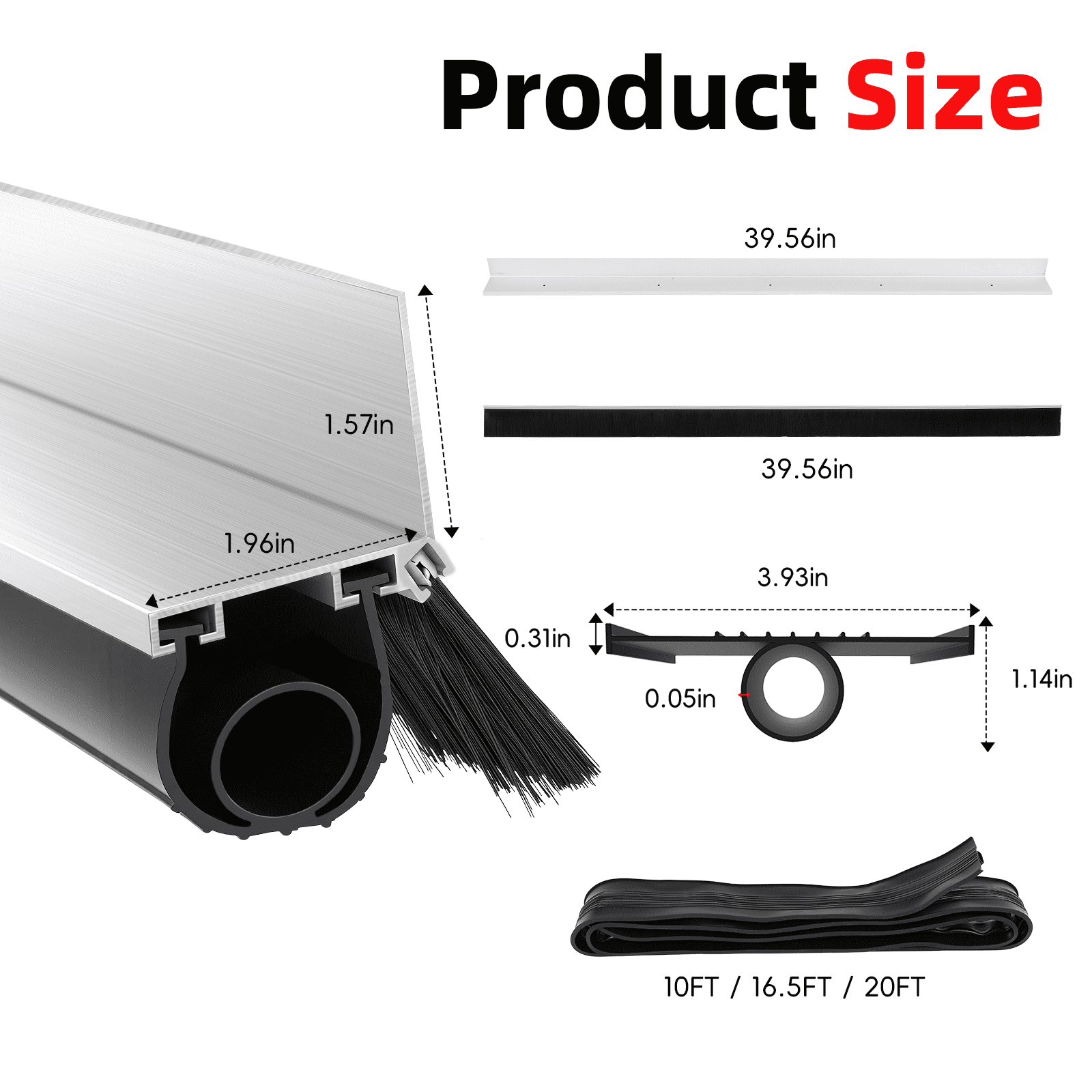 20 FT Universal Garage Door Seals Kit，Heavy Duty EPDM U+O Bottom Rubber Weatherproof Seal & Brush with Pre-drilled Aluminum Track，Universal Replacement Stops Rain, Drafts & Pests