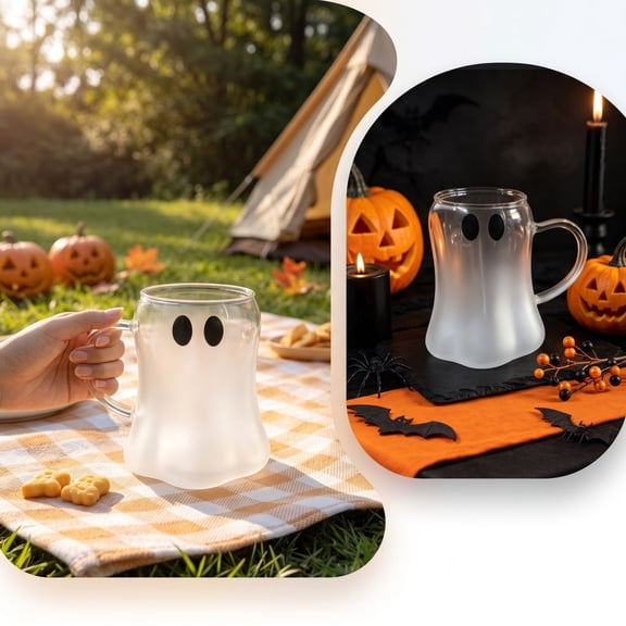 Cute Ghost Glass Mug, Frosted Halloween Coffee Cup with Black Eyes and Handle, Borosilicate Drinking Glass for Water, Milk, Tea, and Hot Cocoa