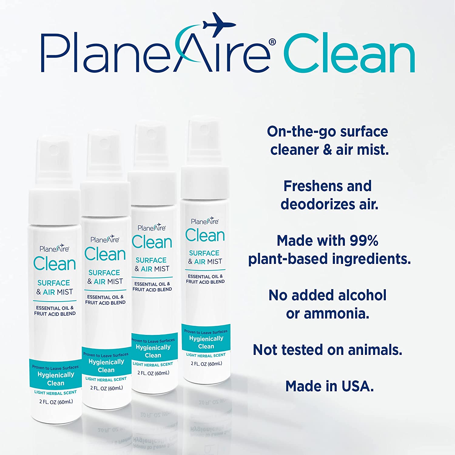 Travel Essentials Zip Top Bag: PlaneAire Hand Sanitizer Spray, Tangerine Coriander 2 fl oz, PlaneAire Clean Surface & Air Mist 2 fl oz + 6 PlaneAire Clean Surface Wipes