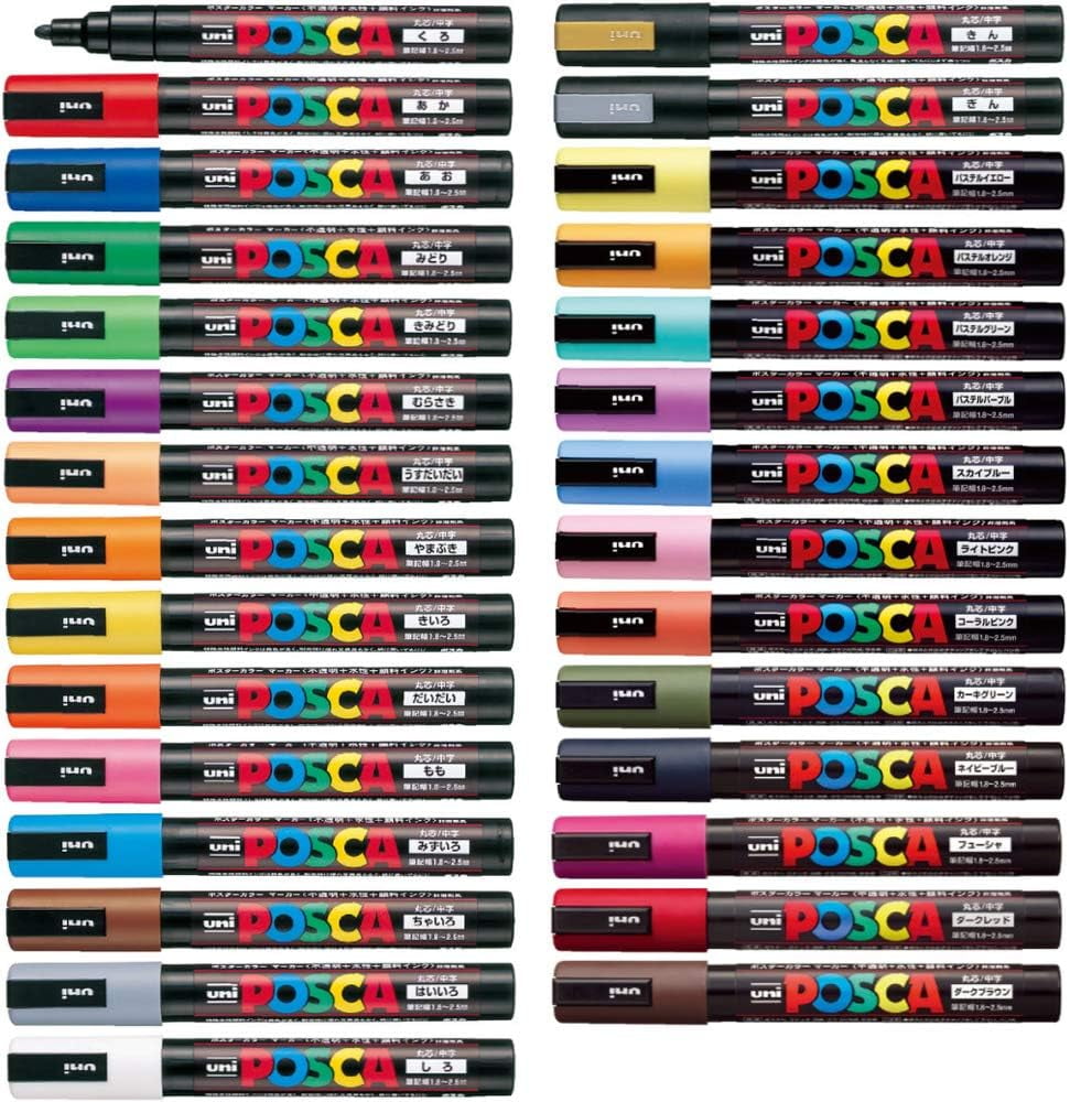 Uni Posca Paint Marker FULL RANGE Set , Mitsubishi ALL Natural & Dark , Gold & Silver Pen Medium Point 29 Color (PC-5M), Original Sticky Notes