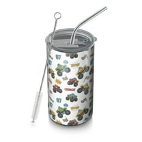 20oz Coffee Tumblers White Comic Monster Cartoon Trucks Pattern Stainless Steel Vacuum Insulated Travel Tumbler Coffee Cups Mug with Lid and Straw with Cleaning Brush for Cold & Hot Drinks