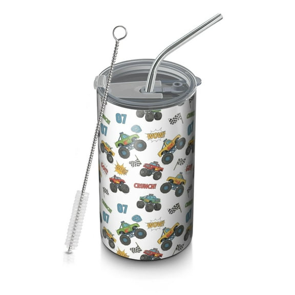 20oz Coffee Tumblers White Comic Monster Cartoon Trucks Pattern Stainless Steel Vacuum Insulated Travel Tumbler Coffee Cups Mug with Lid and Straw with Cleaning Brush for Cold & Hot Drinks