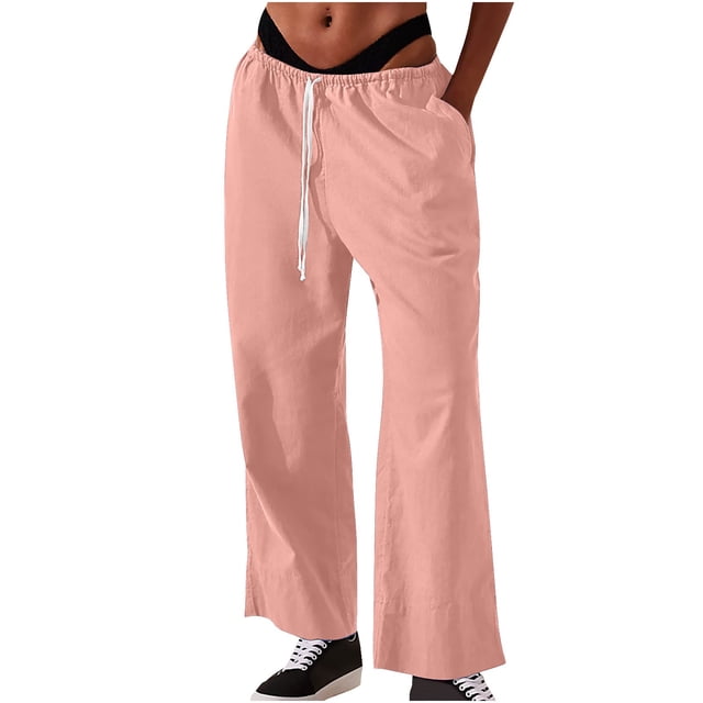 FNFYFH Liquidation Pantalon à Jambe Grand pour Femmes, Pantalon à Cordon en Coton et Lin avec Poches, Pantalon Uni, Bleu