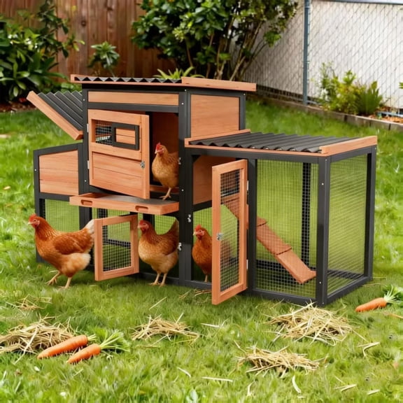 Chicken Coop with Run Large Wooden Hen House with Openable Roof, Weatherproof Poultry Cage with Sliding Window,Orange with Black