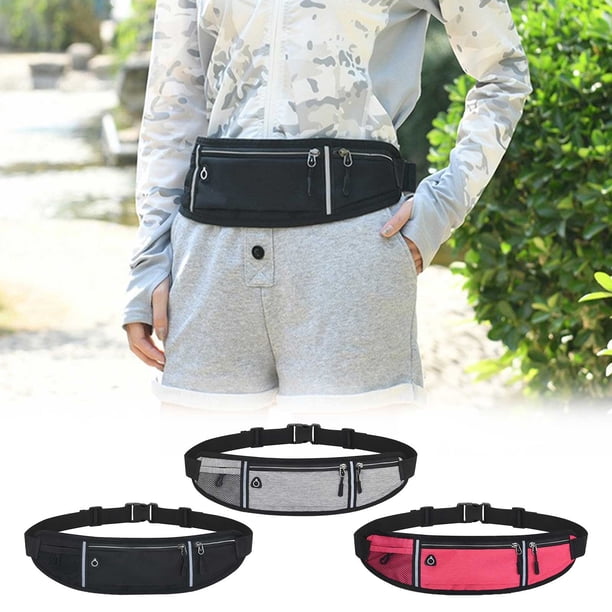 Cinturón deportivo para cinturón de correr | Bolsa impermeable con cremallera para hombres, mujeres | Poliéster ajustable Negro Gris Rosa | Agujero para auriculares, tira reflectante, ligero | 45 cm