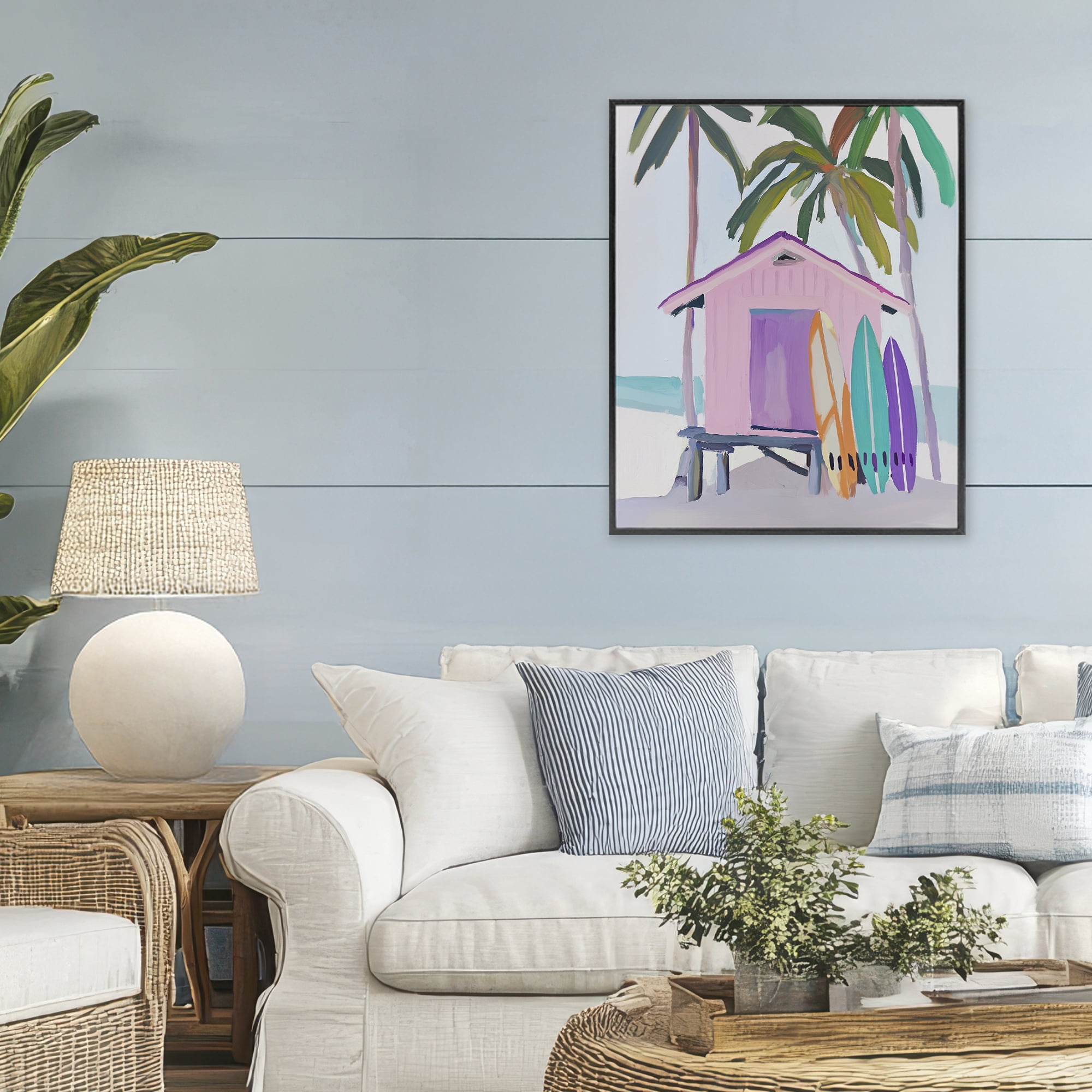 Stupell Industries Pink Beach Hut with Surfboards Black Framed Giclee Art, design by Sisi and Seb