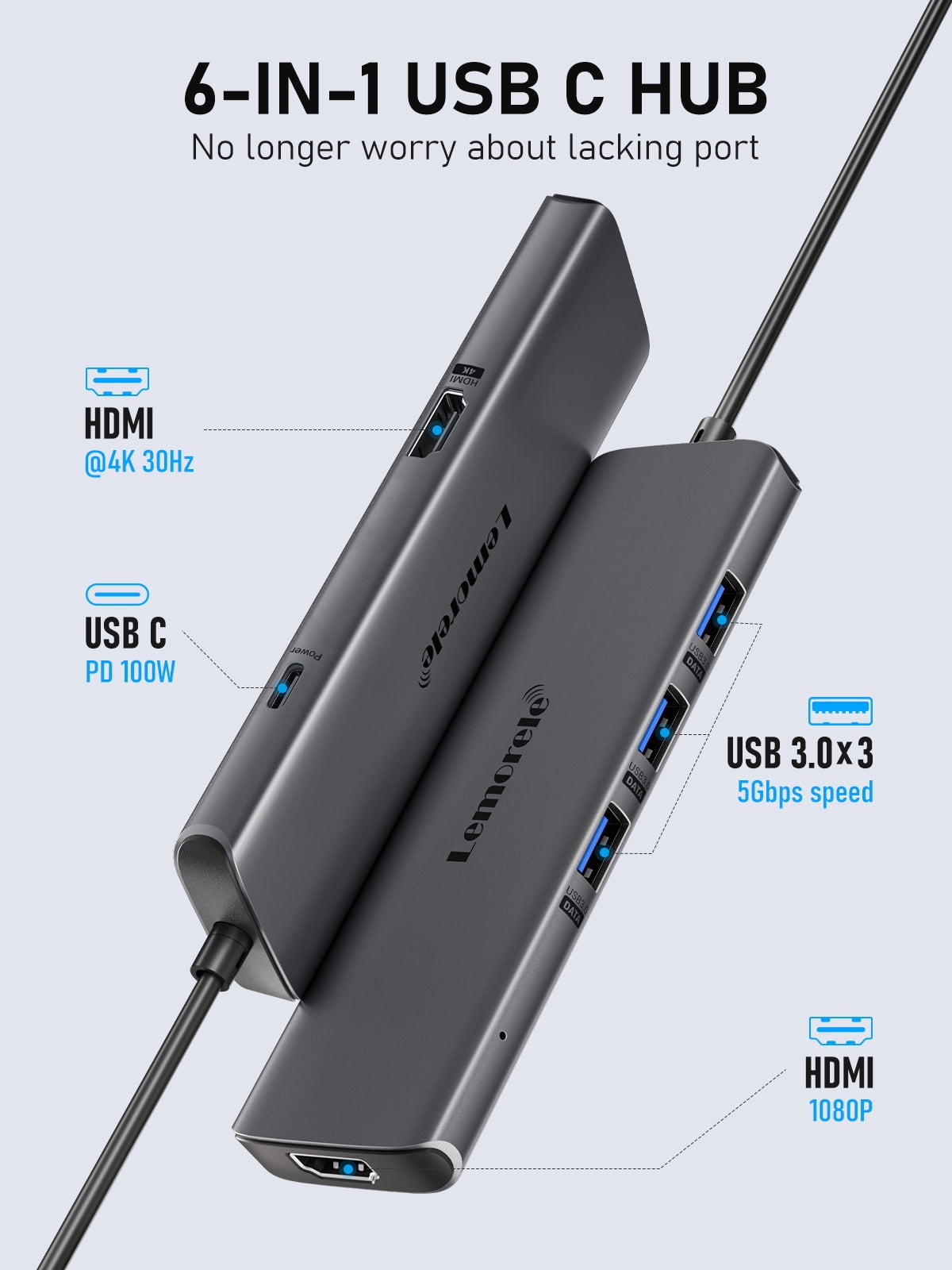 Clearance Docking Station, Lemorele 6 in 1 Dual Display Aluminium Housing Adapter with Dual HDMI, USB 3.0, 100W PD, USB C Hub for PC, Laptop, Surface