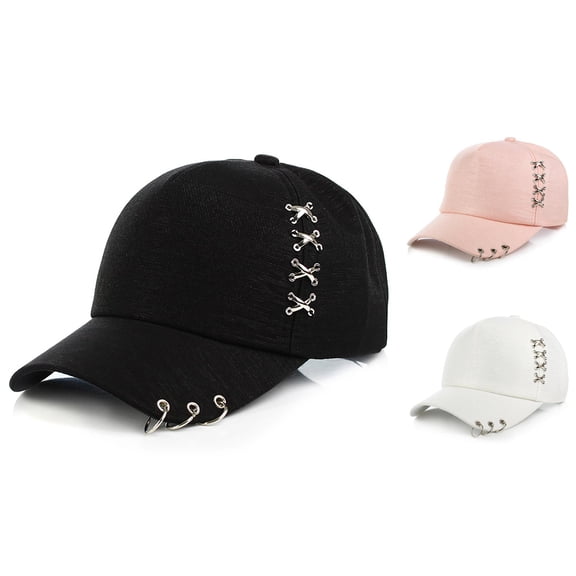 Babaley Unisex Solid Color Baseball Cap With Cross Metal Ring Stylish Trendy Casual Sun Hat Headwear
