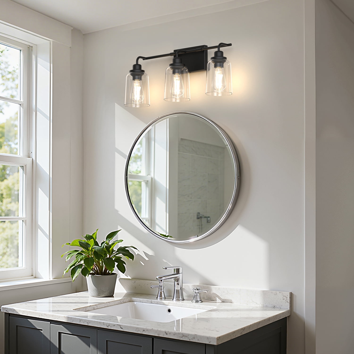 YANSUN 23.3" 3-Light Vanity Mirror Light Bar, Black Light Fixture with Waterdrop Glass Shades for Bathroom, Makeup Vanity, Dressing Room