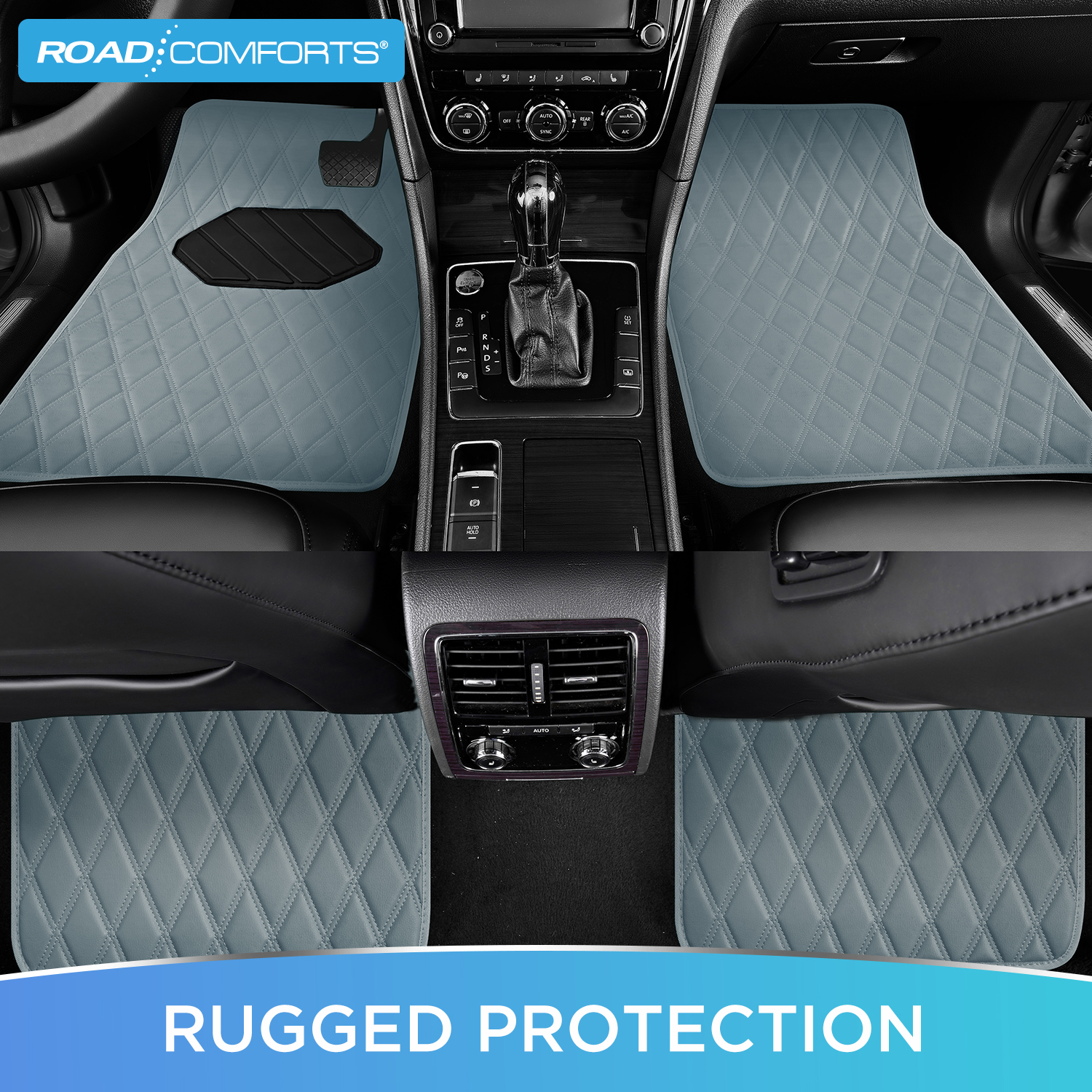 Road Comforts 4PC Leather Quilted Car Floor Mats, Stylish, Durable, Waterproof, Non-Slip, Full Coverage for Cars and SUVs Gray