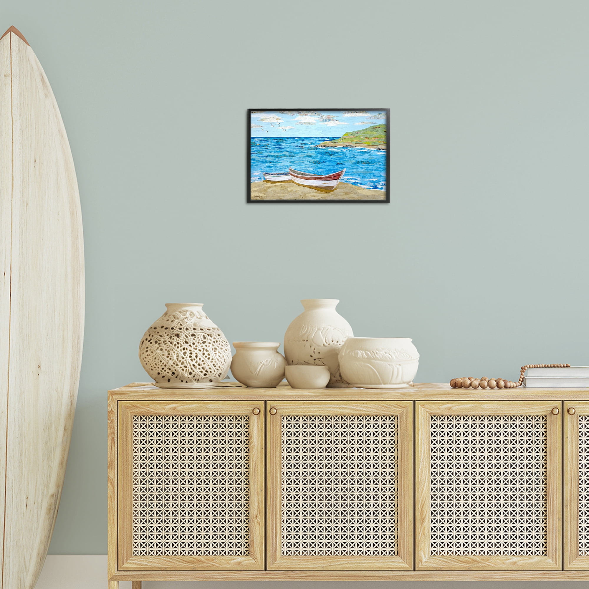Stupell Industries Mykonos Docked Boat Landscape Painting Black Framed Art Print Wall Art, 18 x 12