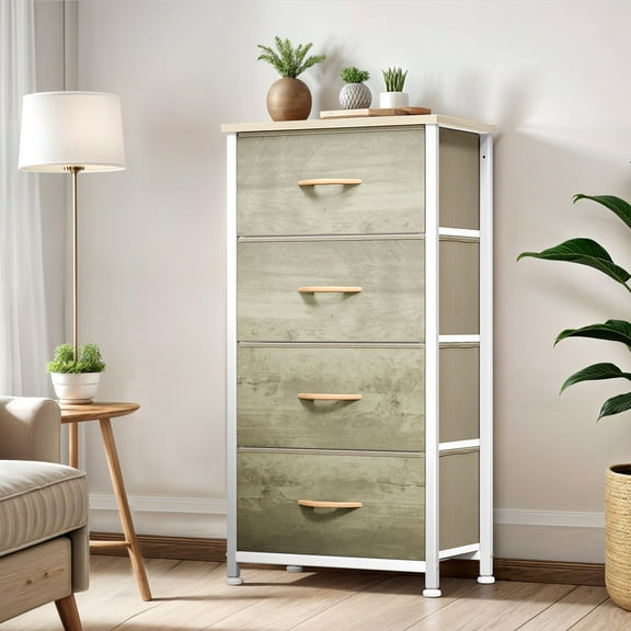 ModFusion Fabric Dresser with 4 Drawers with Wood Finish Plastic Handle & Sturdy Frame, Oak Greige
