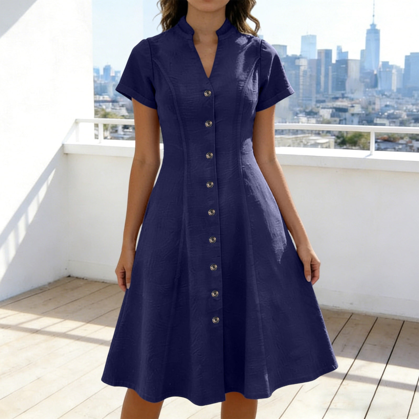 Fewfanhot Dresses for Women Elegant Classy Summer Fit and Flare Swing Cotton Dress Casual V-Neck Button Down Beach Midi Dress