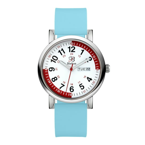 Blekon Original Nurse Watch - Medical Scrub Colors, Red Fifteen Minute Pulsometer - Easy Read Dial w/Day and Date Indicator, Second Hand, Water Resistant Watch