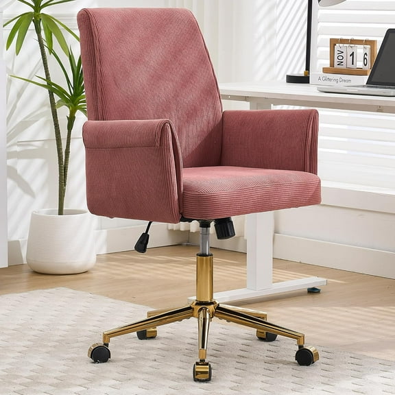 Stripes Velvet 360°Swivel Desk Chair, Modern Height Adjustable Home Office Armchair with Gold Base and Wheels for Vanity,  Computer Chair for Study Living Room Bedroom（Rose Red）