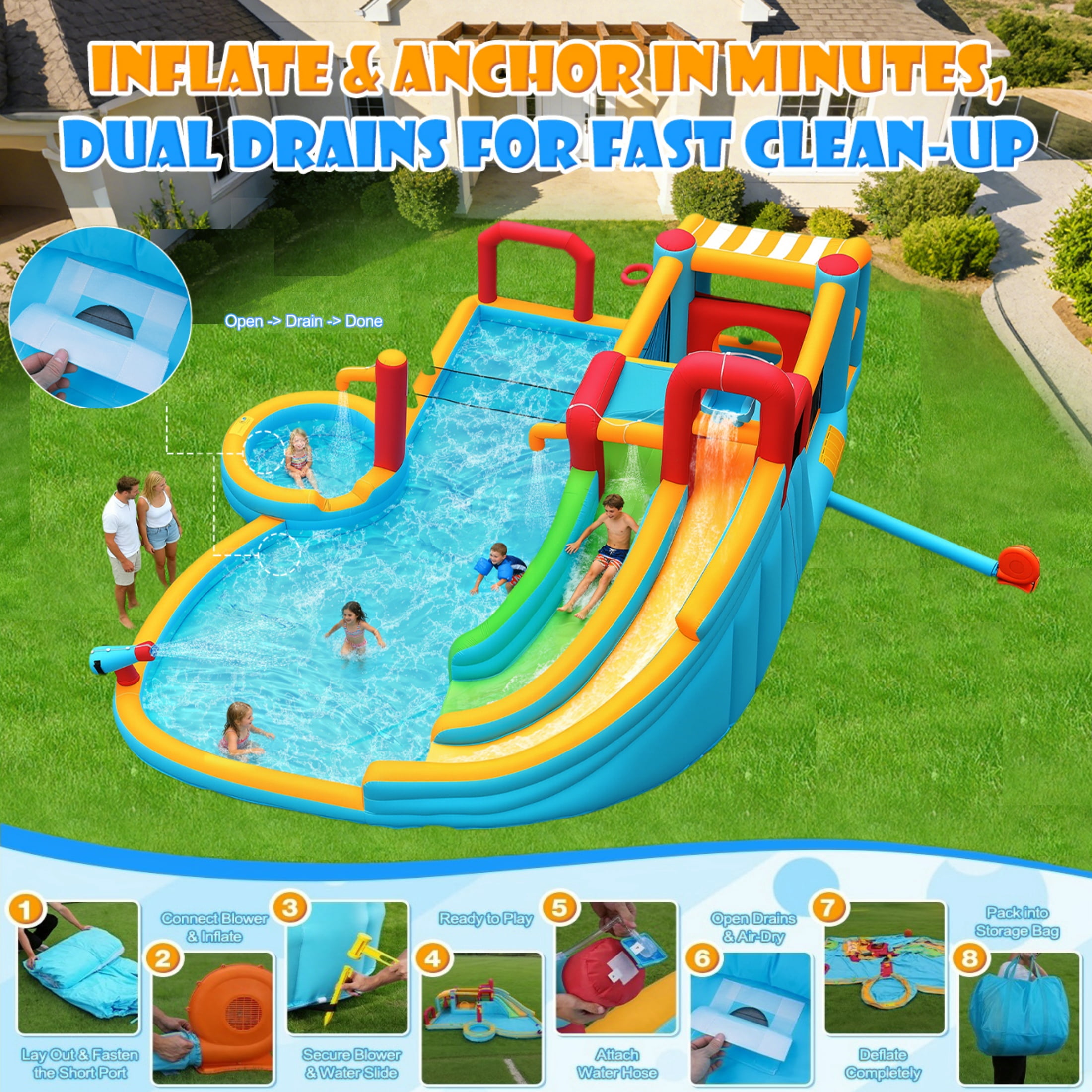 Adnoom 11in1 Inflatable Pool Water Slide for Big Kids 3~12, 21.6x17.2ft Giant Water Park, 2 Long Slide, Large Splash Pool&Deep Pool, 950w Blower, Backyard Bouncy Castle w/Jumping Area