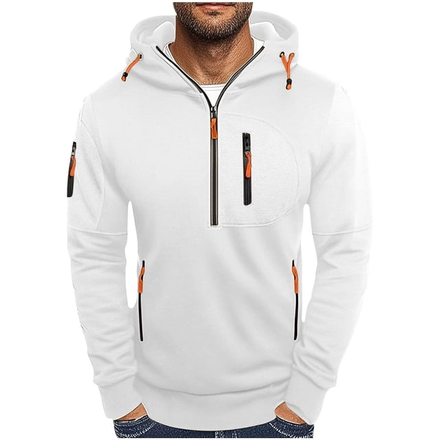dolkfu sudaderas activas para hombres, sudadera de media cremallera sólida con bolsillo con cremallera, ropa deportiva para hombres L — sudadera blanca de media cremallera con capucha y ajuste relajado; bolsillo vertical con cremallera en el pecho, dos bolsillos frontales con cremalleras visibles y cremallera en la manga; tiradores y ojales naranja, puños y dobladillo ajustados, largo hasta la cadera. Adecuada para entrenamiento, correr o uso casual; también usada como capa ligera para salir.