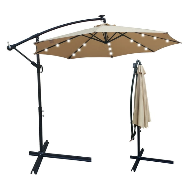 Outdoor Umbrella With Base Light Patio Solar Lights And Steel Cross Easy Open Shading For Garden Deck Backyard Pool Party Decoration Tan W16242 Com Light Patio Umbrella With Solar Lights, Patio Umbrella With Solar Lights And Base