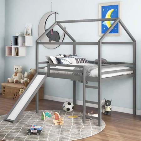 CLEARANCE! Full Size Loft Bed with Slide  House Bed with Slide Gray