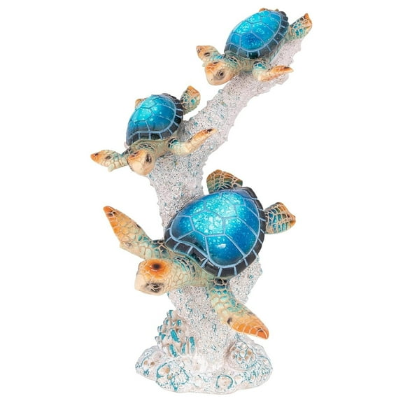 Sea Turtle Statue Triple Swimming on Coral Base – Ocean-Inspired Polystone Figurine for Coastal, Beach & Nautical Home Decor – Accent Sculpture (Blue, 9.5”)