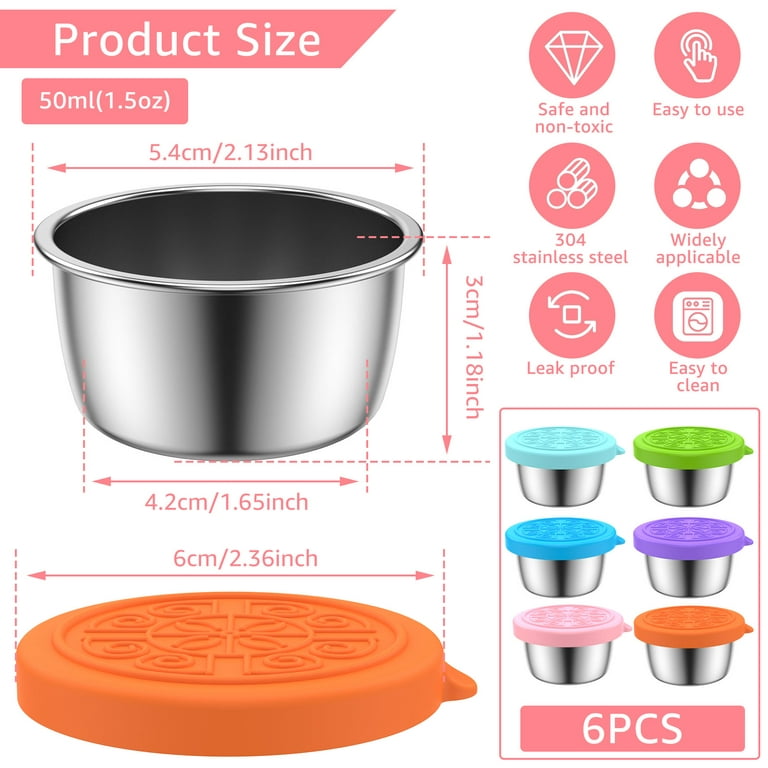 6 Pcs Salad Dressing Containers To Go 1.5oz Mini Stainless Steel Food  Storage Container Small Condiment Containers with Silicone Lids Dishwasher  Safe Leakproof Sauce Dressing Container for Kids 