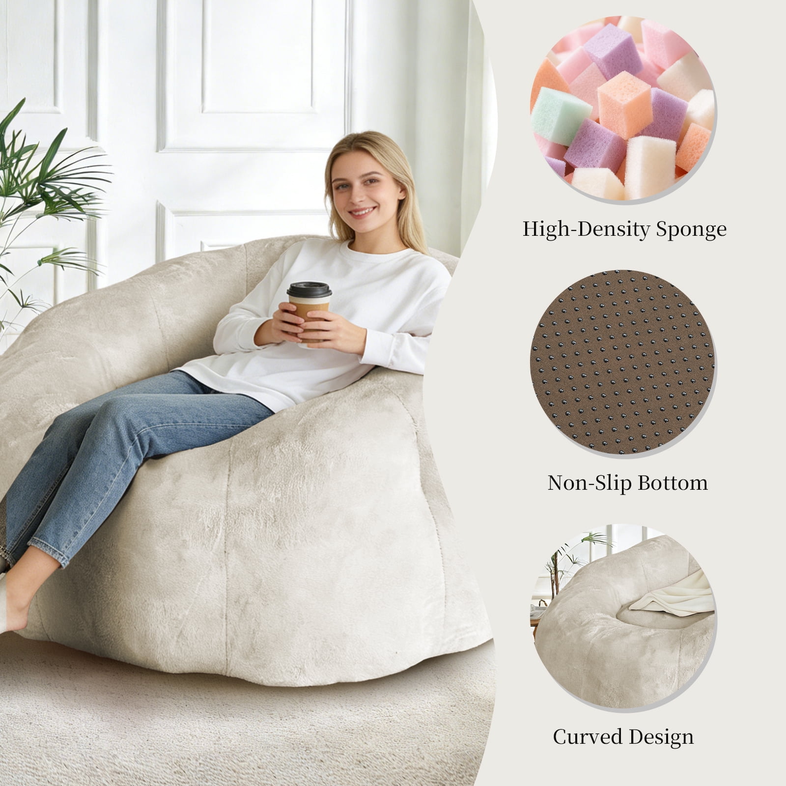MOONMISS Round Floral Bean Bag Chair Large Soft Body-Contouring Lounger for Living Room Bedroom,Beige