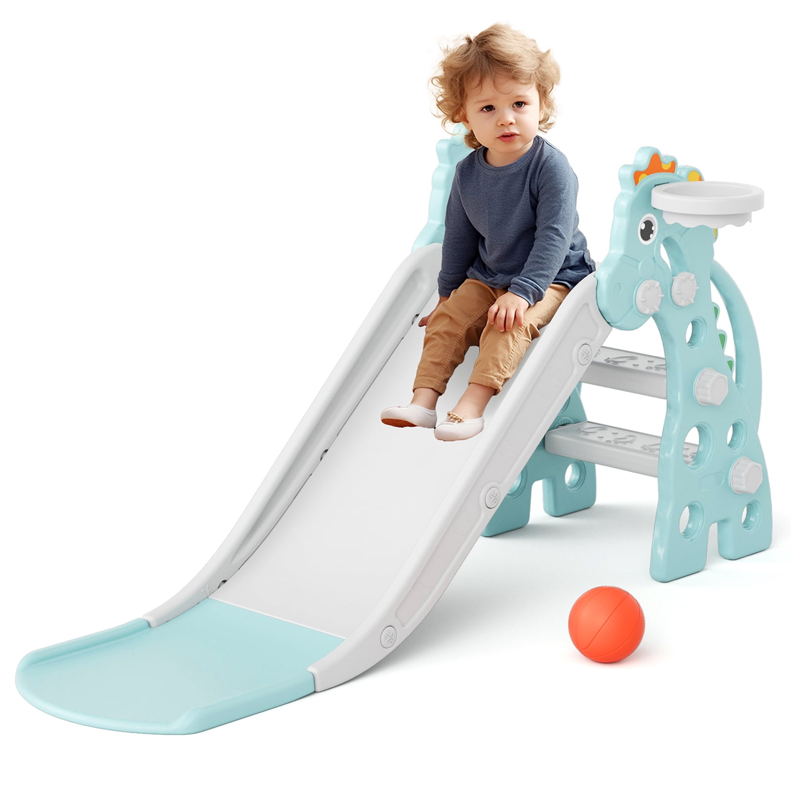 KORIMEFA Toddler Slide Indoor for Toddlers 1-3 Baby Slide Outdoor Playset with Basketball Hoop and Ball Plastic Foldable Slides for Kids Backyard Climber Set,Green
