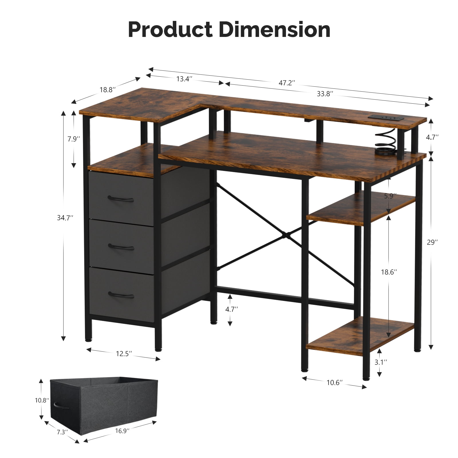 3-Drawer 4-Shelf Computer Desk with Power Strip, 47.2 x 18.8 x 34.7 in, Rotten Wood