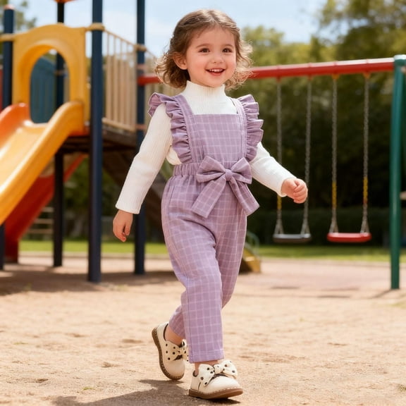 Kids Girl 2 Piece Outfit - Purple Plaid Turtleneck Long Sleeve Top & Overall Jumpsuit, Soft Stretch Skin-Friendly Casual Cute Set for 6M-4T,Size 12-18 Months