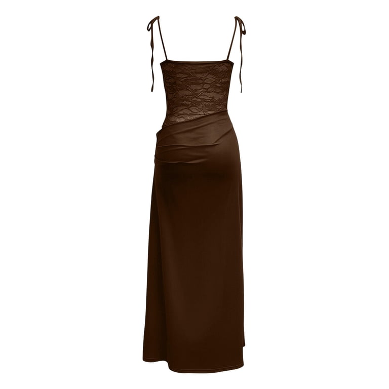brown lace wedding guest dress Women's Wedding Guest Maxi Dress with High Neck Lace Inset and Ruched