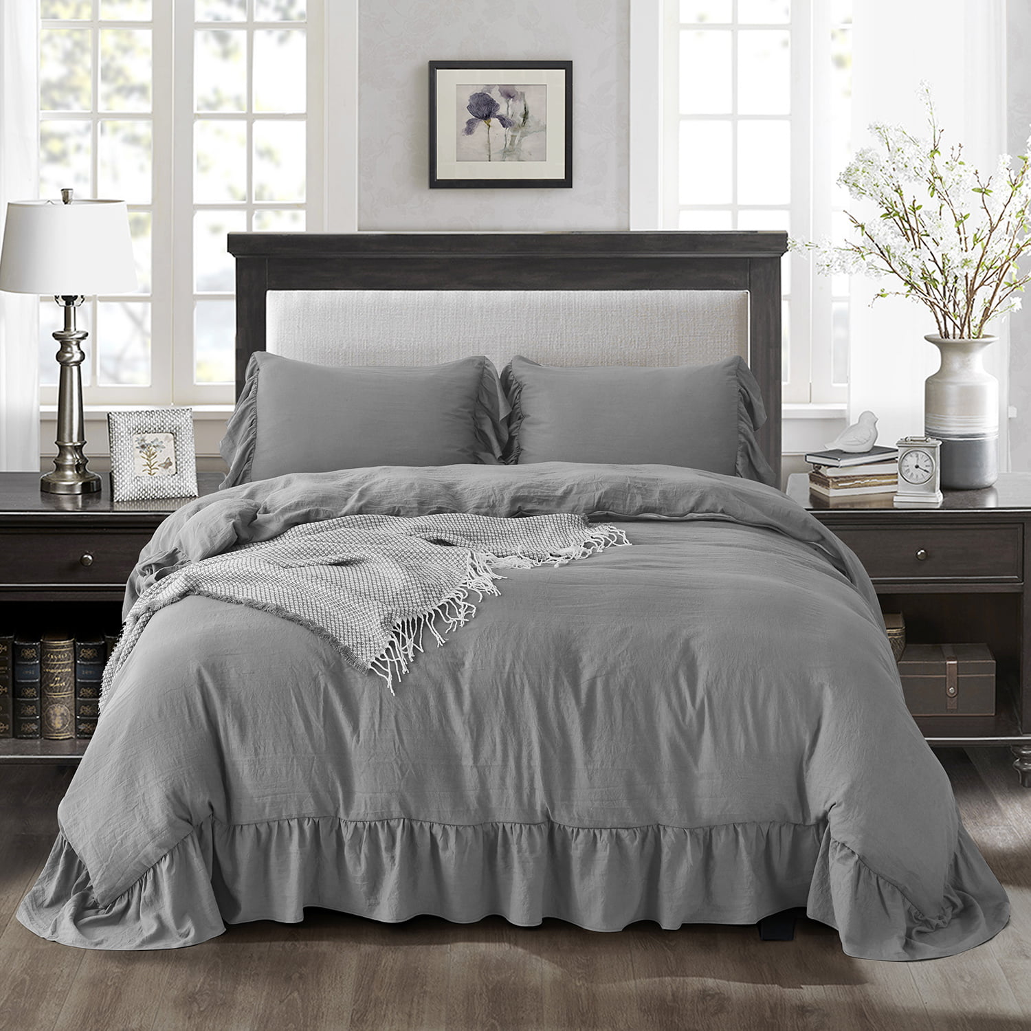 Homechoice 3 Piece Washed Duvet Cover King with Handcraft Ruffle - 100%
