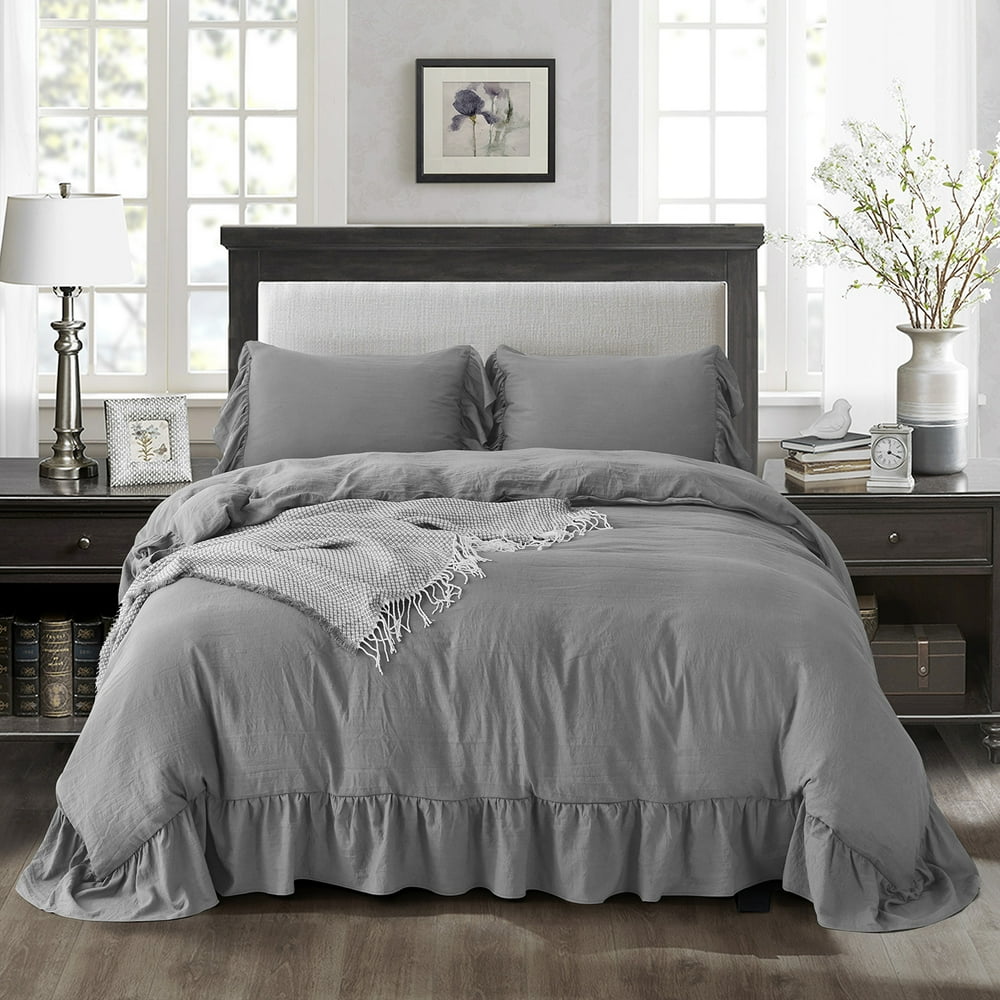Homechoice 3 Piece Washed Duvet Cover King with Handcraft Ruffle 100