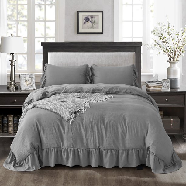 Homechoice 3 Piece Washed Duvet Cover King with Handcraft Ruffle 100