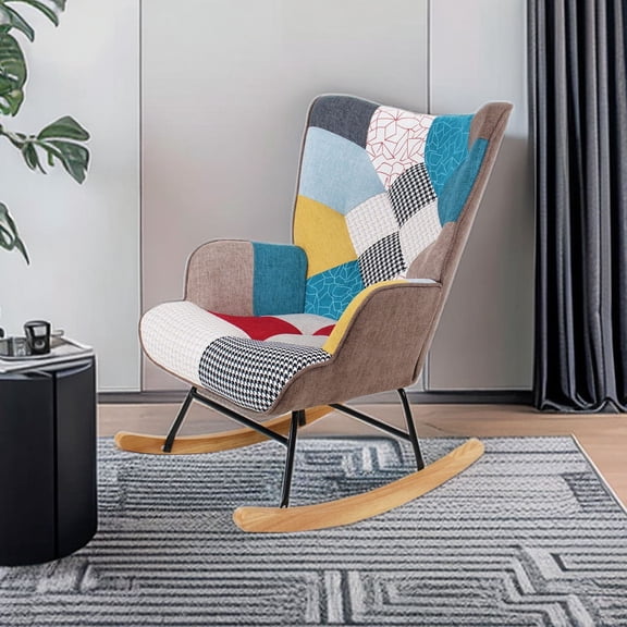 New Rocking Chair, Mid Century Fabric Rocker Chair with Wood Legs and Patchwork Linen for Livingroom Bedroom