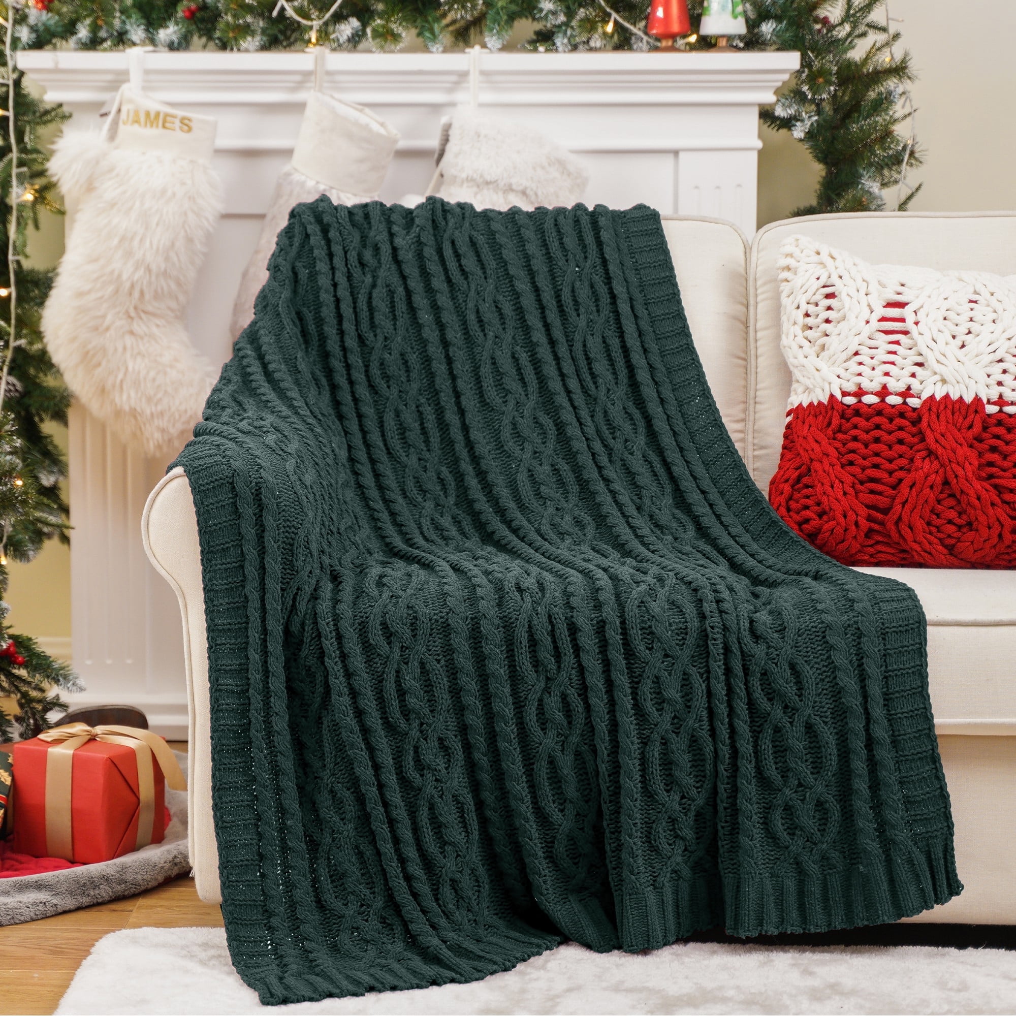 Battilo Dark Green Throw Blanket for Couch,Woven Chenille Knit Throw Blanket,Christmas Decor,51"x67"