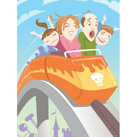 Family Screaming and Riding on Speeding Roller Coaster in Amusement Park Print Wall