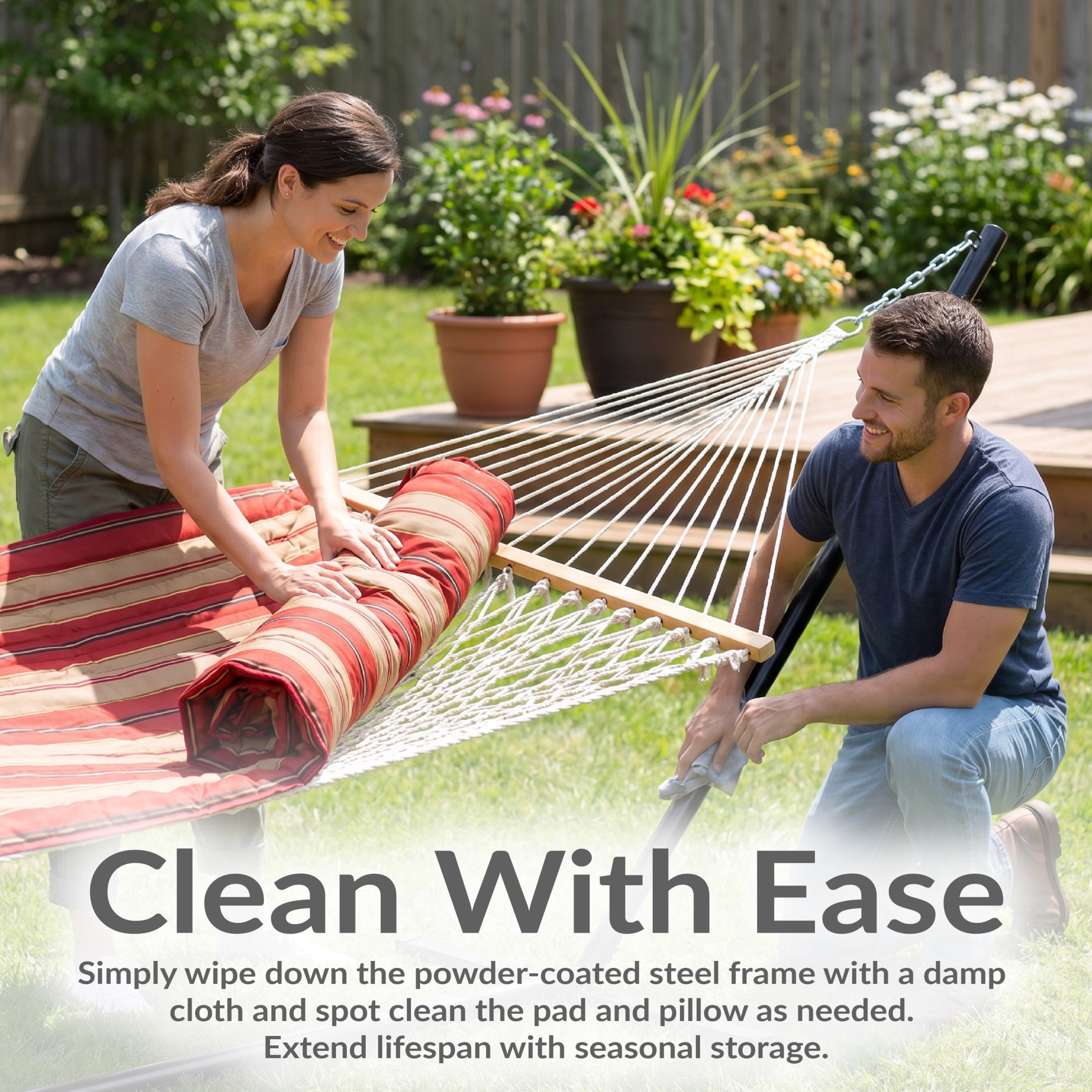 Sunnydaze 2-Person Cotton Rope Spreader Bar Hammock with Stand, 275 lb Capacity - Awning Stripe