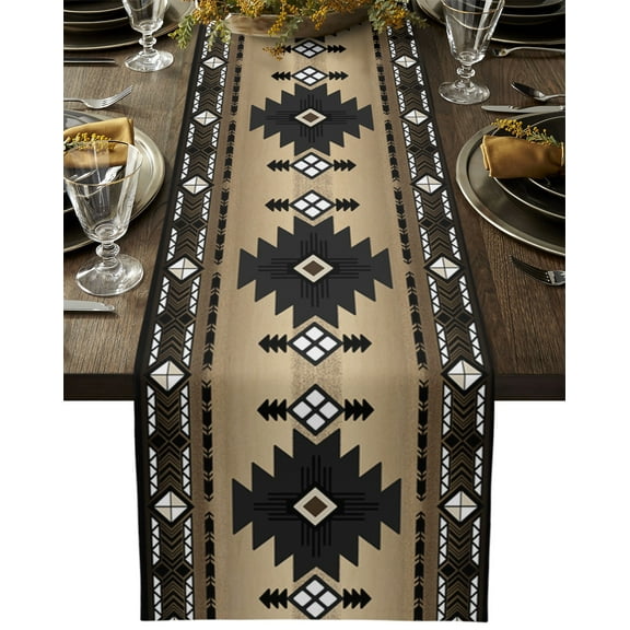 Table Runner Dresser Scarves 36 Inch Long, Retro Ethnic Geometry Tribal Art Linen Dining Table Runners Southwest Indian Native Aztec Texture Tabletop Scarf for Wedding Holiday Party Kitchen