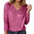 thumbnail image 2 of Long Sleeve Shirts for Women Glitter Sequin Top V Neck Casual Sparkle Blouse Night out Tops Party Clubwear, 2 of 5