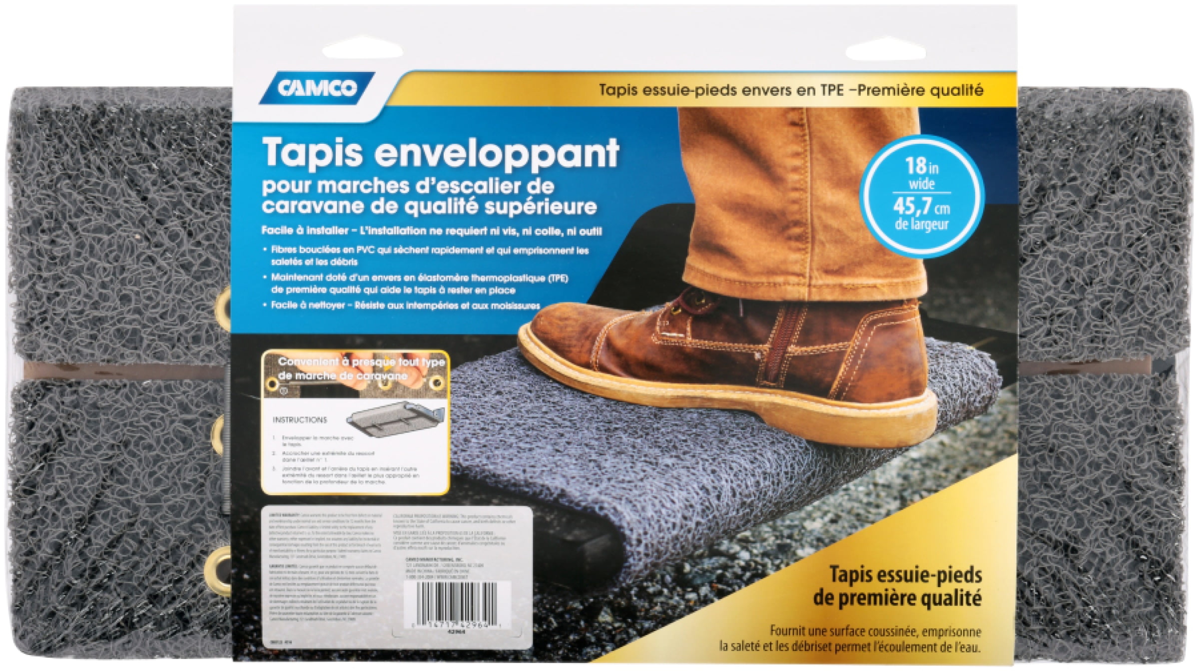 Camco 42964 17.5" x 18" Premium Wrap Around RV Step Rug, Gray