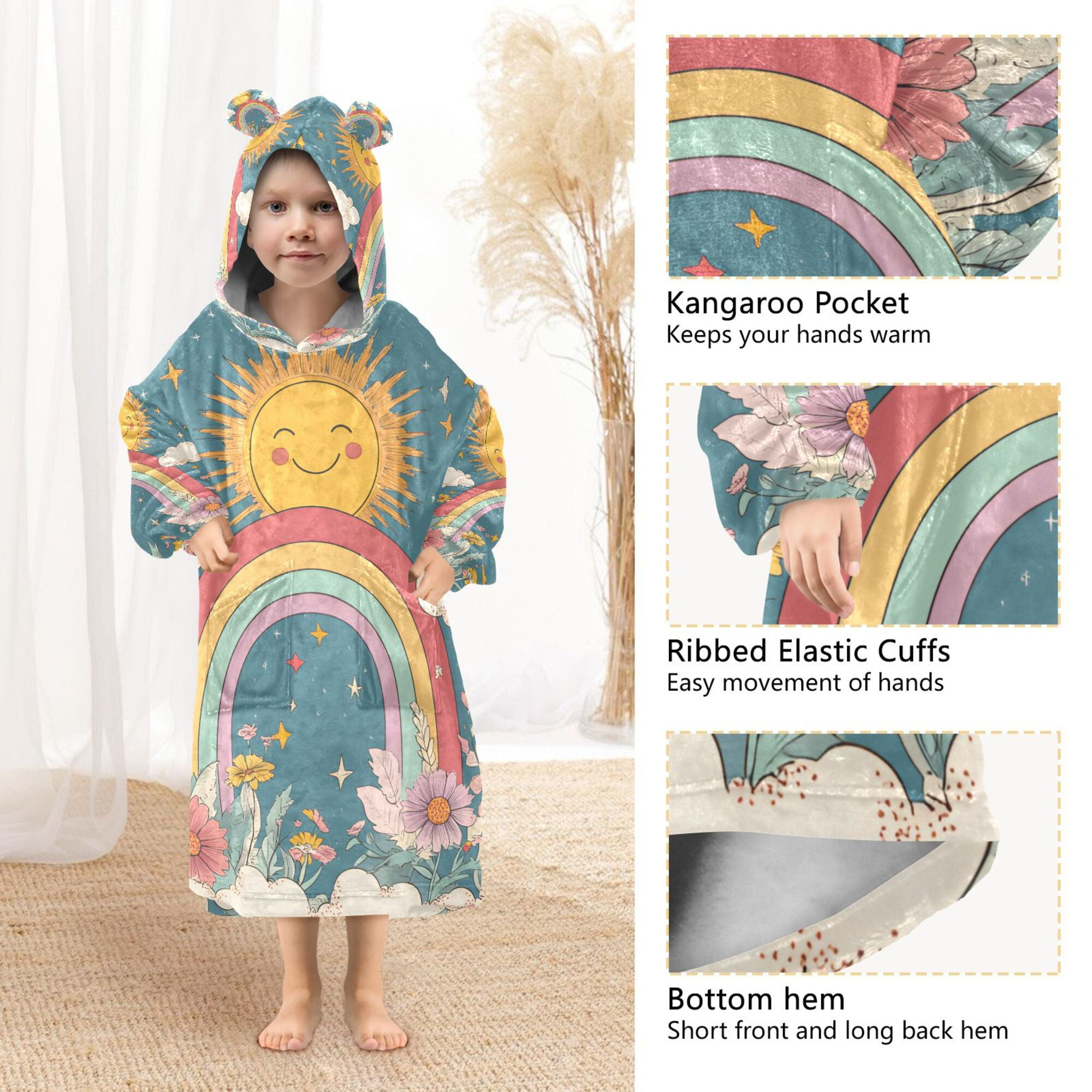 FORMRS Wearable Blanket Hoodie with Sleeves for Kids Cozy Flannel Sweatshirt, Blue Rainbow