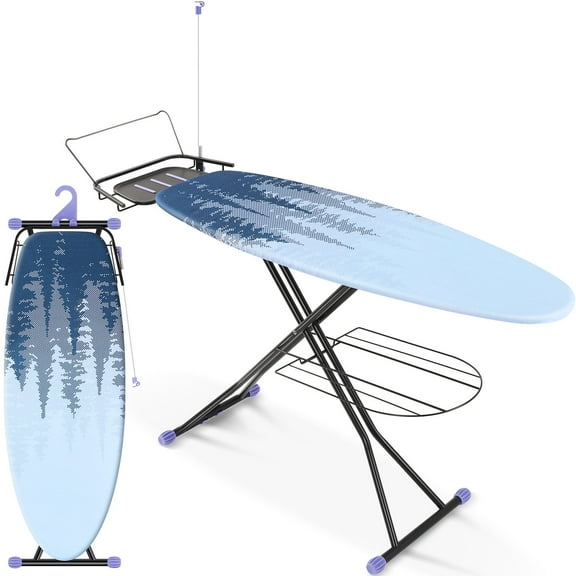 BEHERZT Ironing Board, Full Size Iron Board with Stretchable Iron Rest&Anti-Scorch Cover, 7 Height Adjustable, Purple