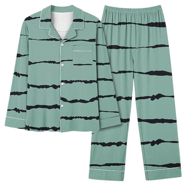 vdgthytj Pajama Sets for Women 2 Piece Plus Size Stripes Print Outfits Long Sleeve Button down Lapel Shirts with Pants