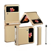 Dteck Cover for Galaxy Z Flip 3/ Flip 4 Case with S Pen Holder(Come with a Stylus Pen), Two Hinge Protection Folding Folio Hard PC & PU Leather Case for Samsung Z Flip 4 2022, Gold