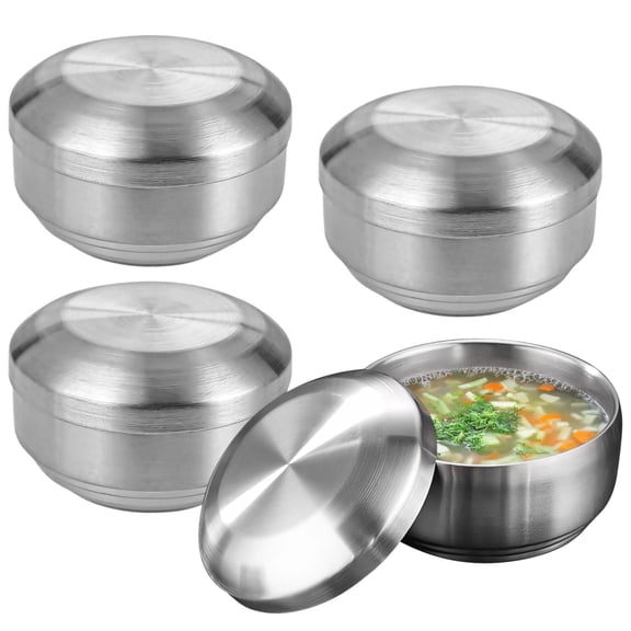 4 Pcs Stainless Steel Bowls With Lids, 4.92 in/12.5 cm Double Walled Insulated, Silver Ramen Bowls Set Of 4, Korean Rice Soup Noodle Bowls