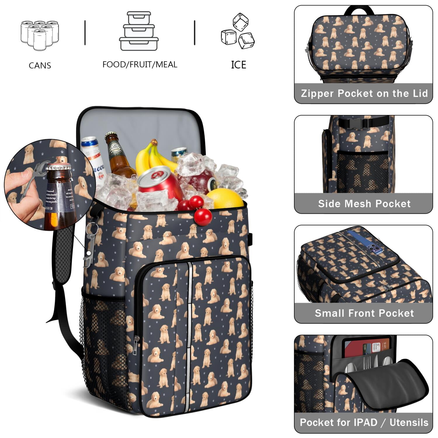 Travel Cooler Bag - Goldendoodle Dog Camping Beer Cooler Backpack with Bottle Opener- Waterproof Insulated Picnic Backpacks - Cooler Bag for Beach